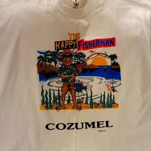 Mens preshrunk Happy Fisherman-COZMEL t-shirt.